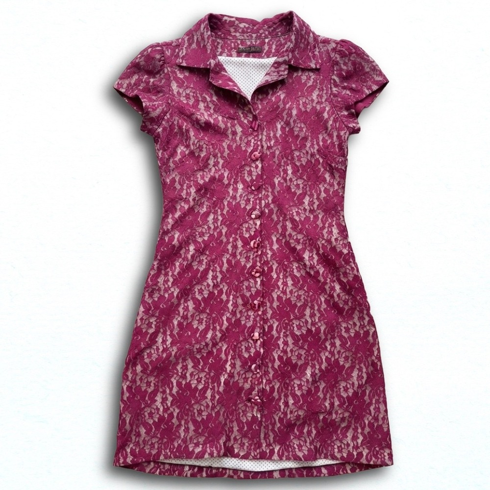 Ave Maria Magenta Floral Lace Button Down Dress Short Sleeve Polka Dot Lining S